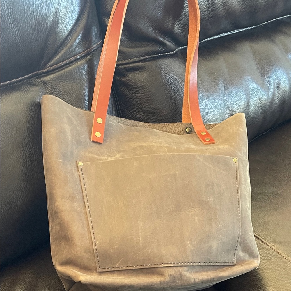 Stylish Grey/Brown Portland Leather Goods Medium Tote Bag with Brown Straps New